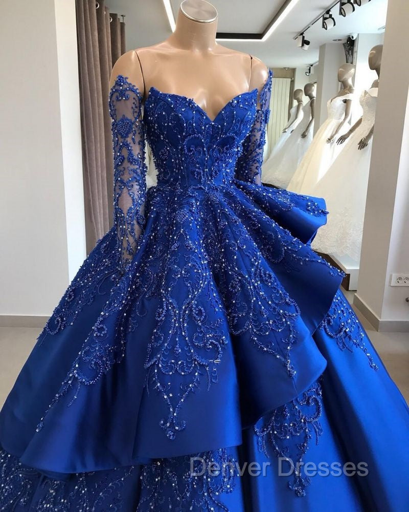 Gorgeous Royal Blue Lace Ruffled Prom Party Gowns| Strapless Sweetheart Beads Quinceanera Dress Secondary image