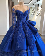 Gorgeous Royal Blue Lace Ruffled Prom Party Gowns| Strapless Sweetheart Beads Quinceanera Dress