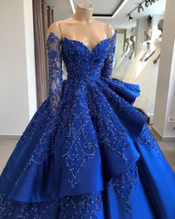 Gorgeous Royal Blue Lace Ruffled Prom Party Gowns| Strapless Sweetheart Beads Quinceanera Dresses