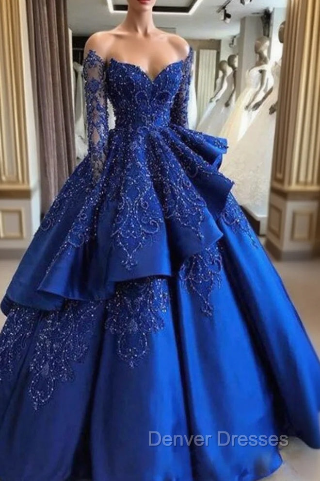 Gorgeous Royal Blue Lace Ruffled Prom Party Gowns| Strapless Sweetheart Beads Quinceanera Dress Main image