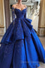 Gorgeous Royal Blue Lace Ruffled Prom Party Gowns| Strapless Sweetheart Beads Quinceanera Dress