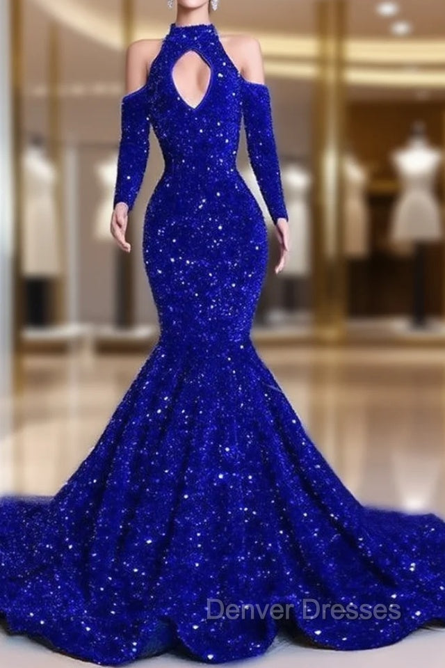 Gorgeous Royal Blue Long Sleeves Prom Dress Mermaid Long With Sequins Main image