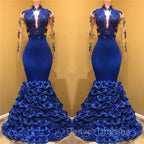 Gorgeous Royal Blue Prom Dress Long Sleevess Evening Gowns with Rose Flowers