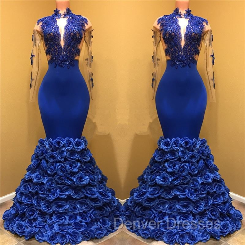 Gorgeous Royal Blue Prom Dress Long Sleevess Evening Gowns with Rose Flowers