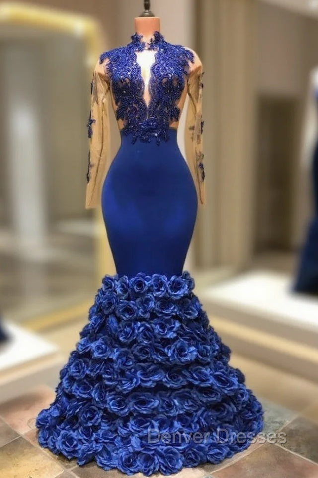 Gorgeous Royal Blue Prom Dress Long Sleevess Evening Gowns with Rose Flowers Main image