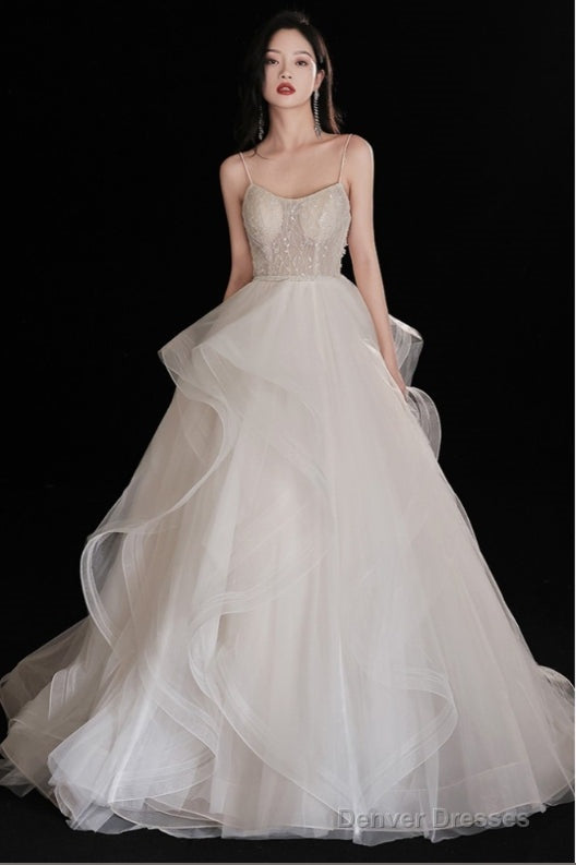 Gorgeous Ruffled Ballgown Tier Wedding Dress With Spaghetti Straps