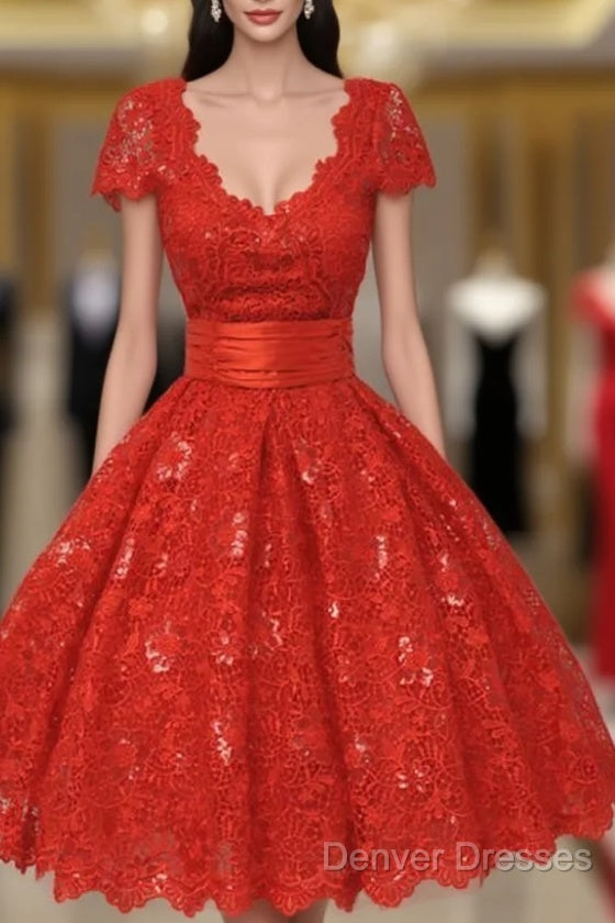 Gorgeous Scalloped-Edge Knee-Length Red Lace Homecoming Dress With Sash Main image