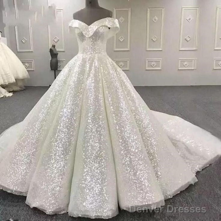 Gorgeous  Sequin Wedding Dresses White A Line Off The Shoulder Bridal Gown Main image