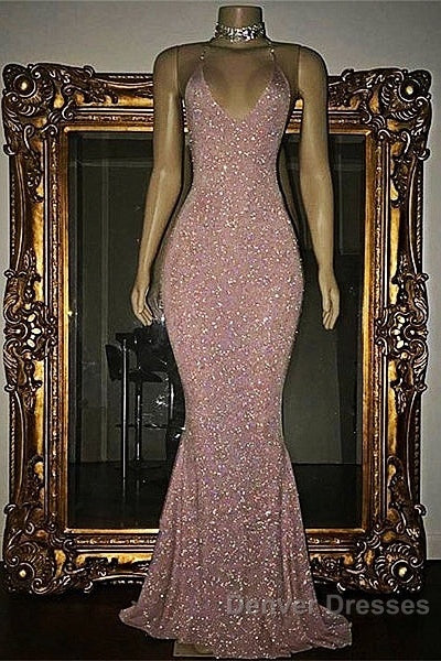 Gorgeous Sequined Mermaid Spaghetti-Strap Long Sleevesless Prom Party Gowns