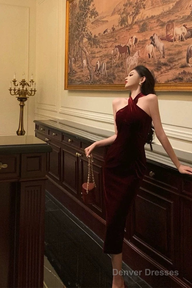 Gorgeous Sheath Halter Burgundy Date Night Dress Velvet Prom Dresses Party Dress Birthday Outfits