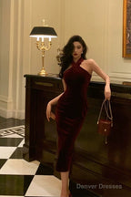 Gorgeous Sheath Halter Burgundy Date Night Dress Velvet Prom Dresses Party Dress Birthday Outfits