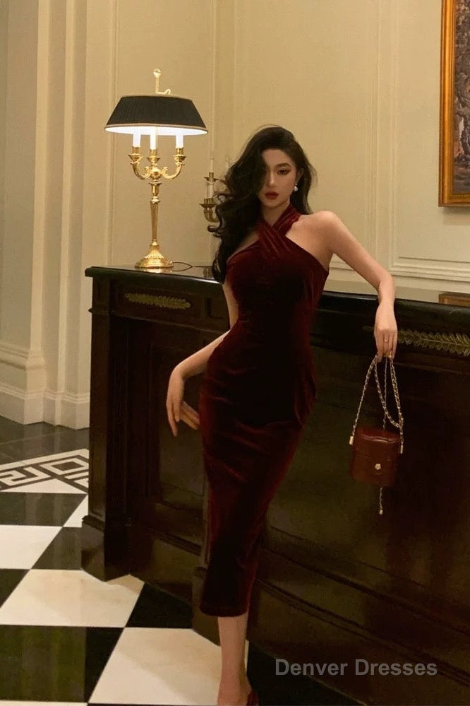 Gorgeous Sheath Halter Burgundy Date Night Dress Velvet Prom Dresses Party Dress Birthday Outfits