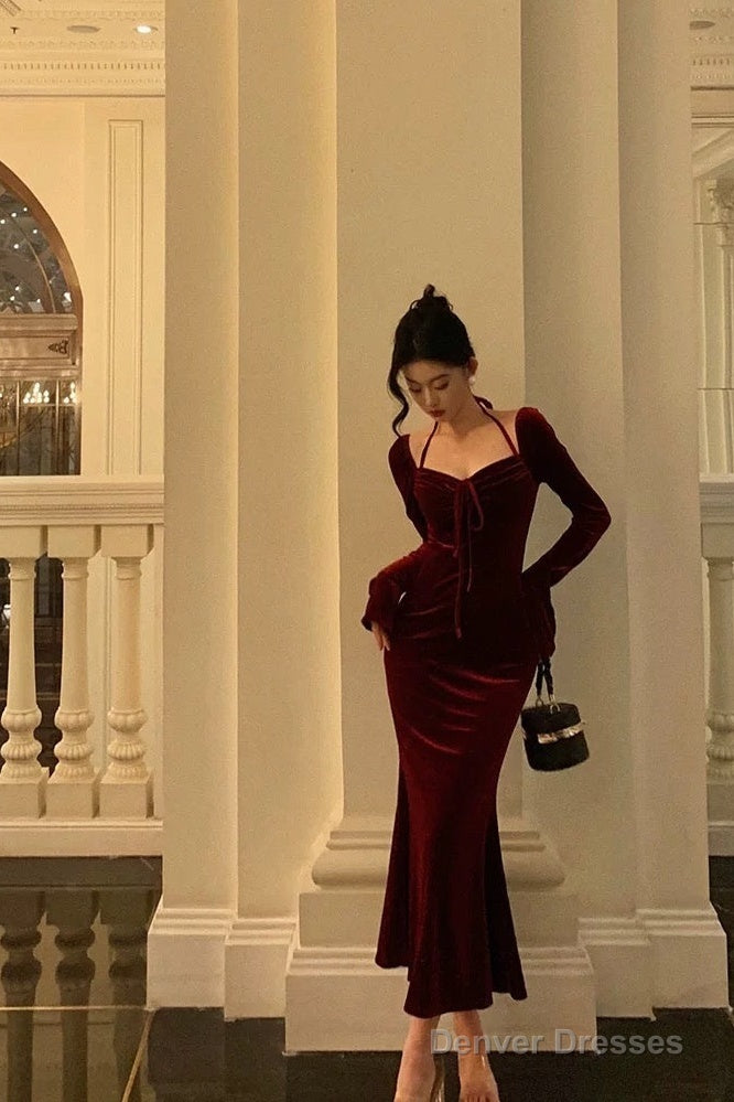 Gorgeous Sheath Halter Long Sleeves Burgundy Velvet Date Night Dress Prom Dresses Birthday Outfit