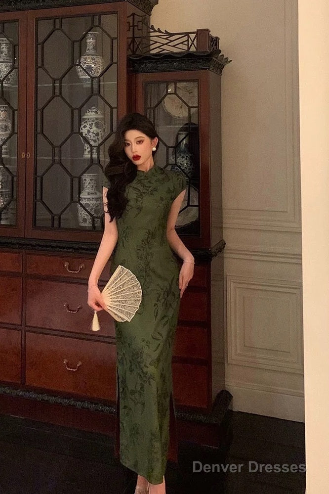 Gorgeous Sheath High Neckline Short Sleeves Green Date Night Dress Long Prom Dresses Birthday Outfits Main image