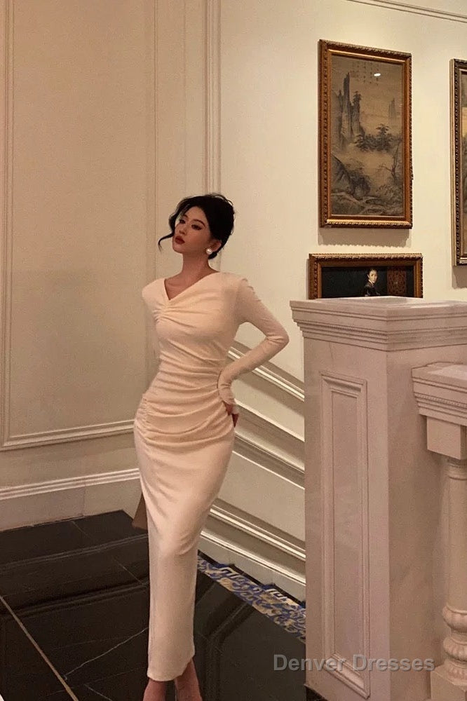 Gorgeous Sheath Long Sleeves Ivory Date Night Dress Long Prom Dresses Birthday Outfits Secondary image