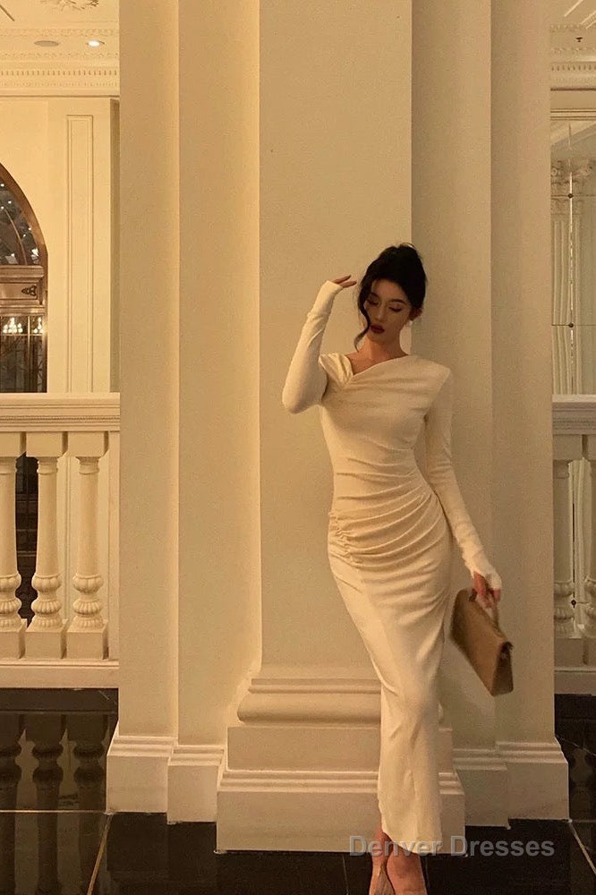 Gorgeous Sheath Long Sleeves Ivory Date Night Dress Long Prom Dresses Birthday Outfits