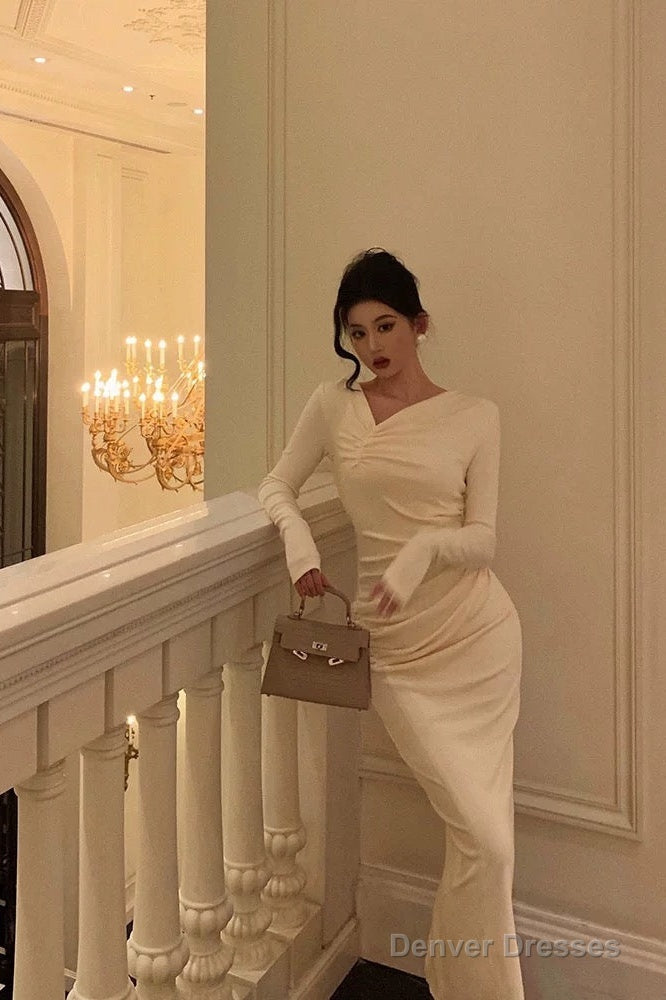 Gorgeous Sheath Long Sleeves Ivory Date Night Dress Long Prom Dresses Birthday Outfits