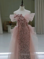 Gorgeous Sheath Off The Shoulder Pink Sequin Long Evening Dress Prom Dress Birthday Outfits
