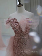 Gorgeous Sheath Off The Shoulder Pink Sequin Long Evening Dress Prom Dress Birthday Outfits