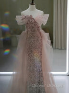 Gorgeous Sheath Off The Shoulder Pink Sequin Long Evening Dress Prom Dress Birthday Outfits