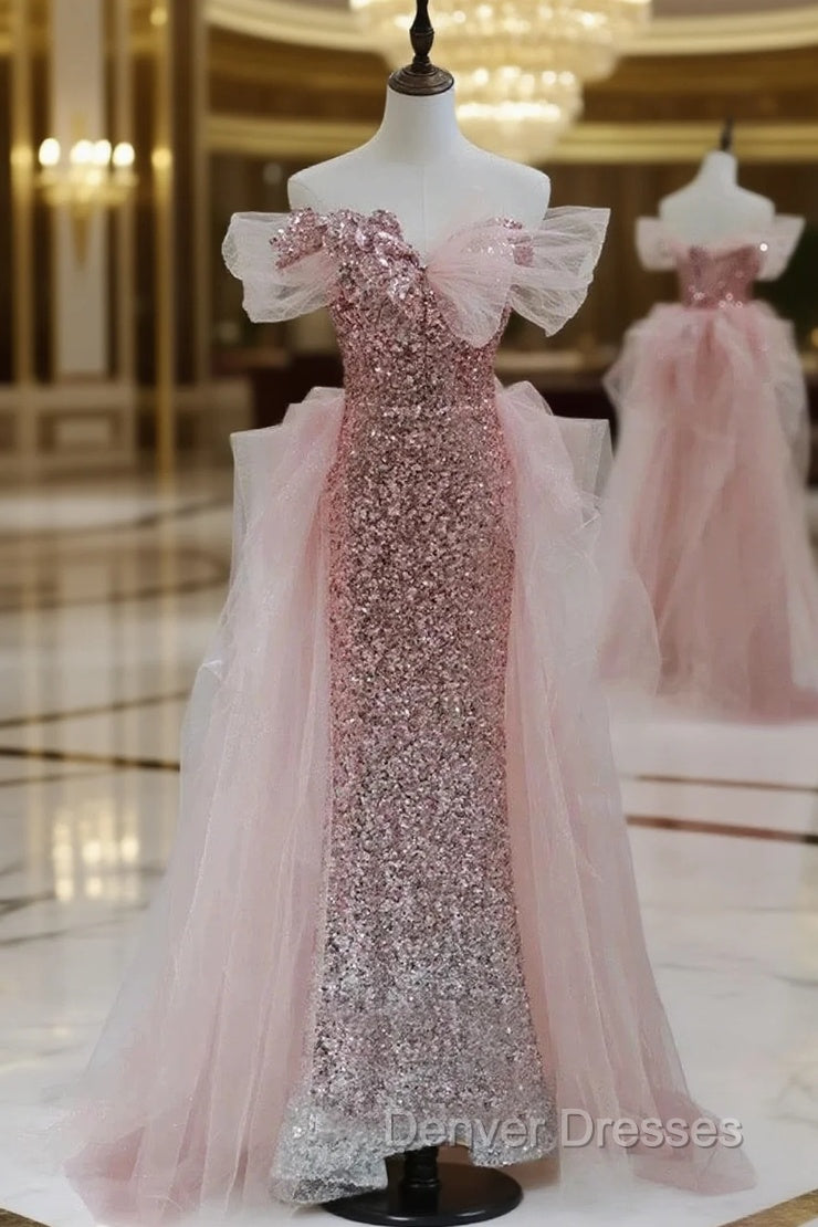 Gorgeous Sheath Off The Shoulder Pink Sequin Long Evening Dress Prom Dress Birthday Outfits Main image