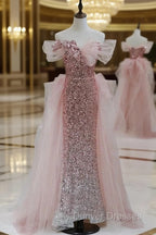 Gorgeous Sheath Off The Shoulder Pink Sequin Long Evening Dress Prom Dress Birthday Outfits