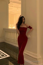 Gorgeous Sheath Off The Shoulder Short Sleeves Date Night Dress Red Prom Dresses Birthday Outfits