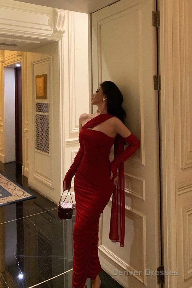 Gorgeous Sheath One Shoulder Sleeveless Date Night Dress Red Ruffle Prom Dresses Birthday Outfits Main image