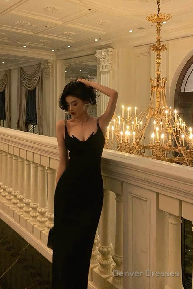 Gorgeous Sheath Spaghetti Straps Black Date Night Dress Prom Dresses Party Dress Birthday Outfits