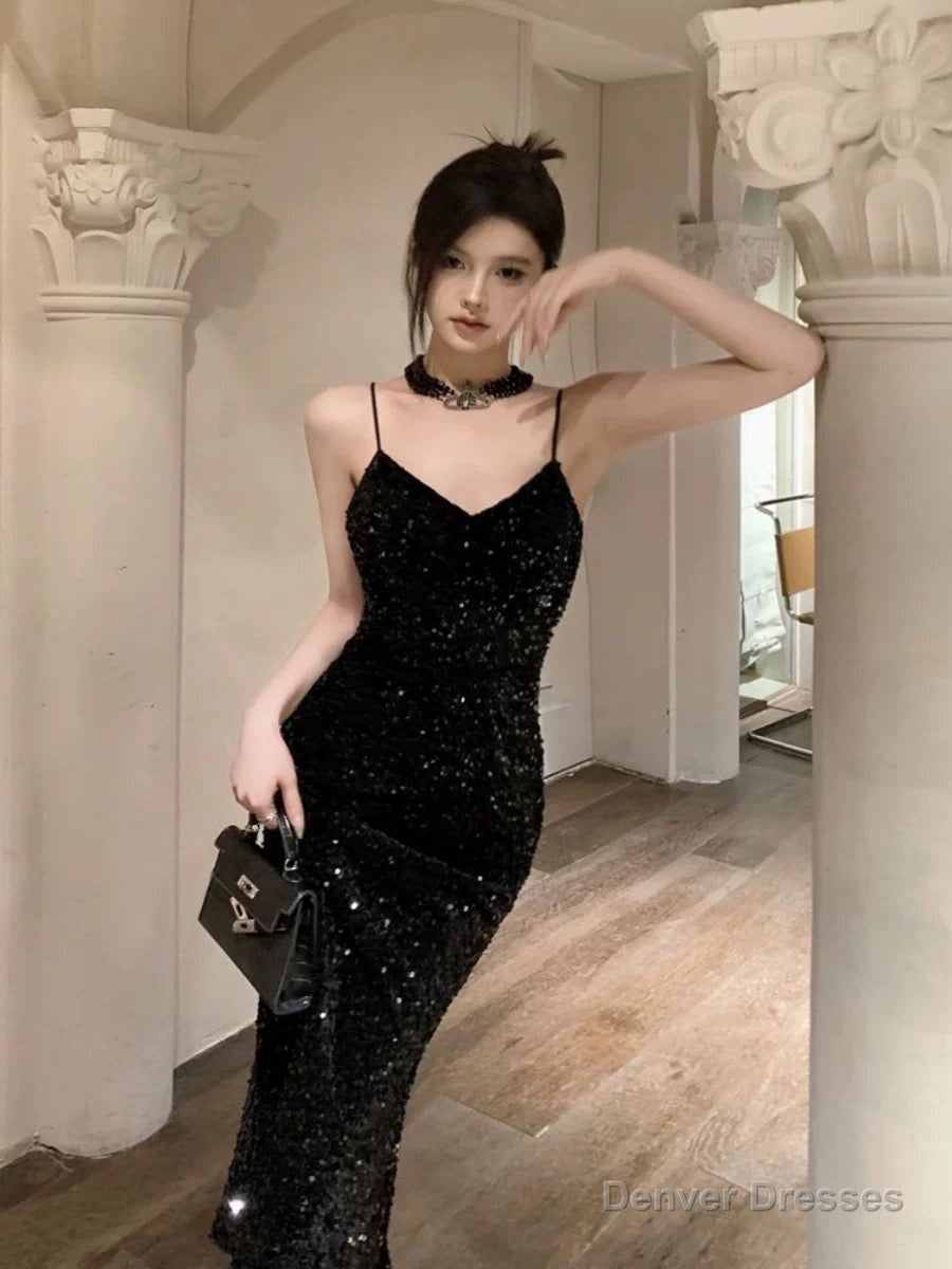 Gorgeous Sheath Spaghetti Straps Black Sequin Evening Dress Prom Dresses Birthday Outfits Secondary image