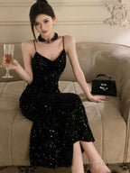 Gorgeous Sheath Spaghetti Straps Black Sequin Evening Dress Prom Dresses Birthday Outfits