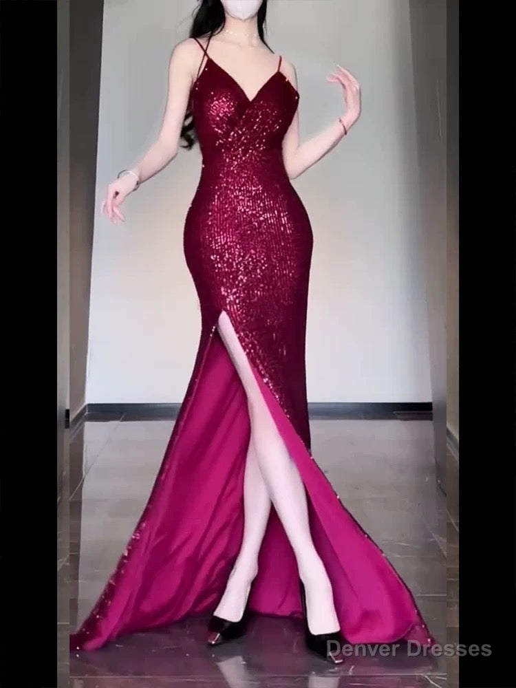 Gorgeous Sheath Spaghetti Straps Burgundy Sequin Long Evening Dress Prom Dresses Birthday Outfits Secondary image