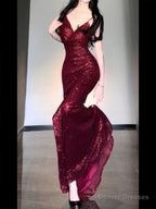 Gorgeous Sheath Spaghetti Straps Burgundy Sequin Long Evening Dress Prom Dresses Birthday Outfits
