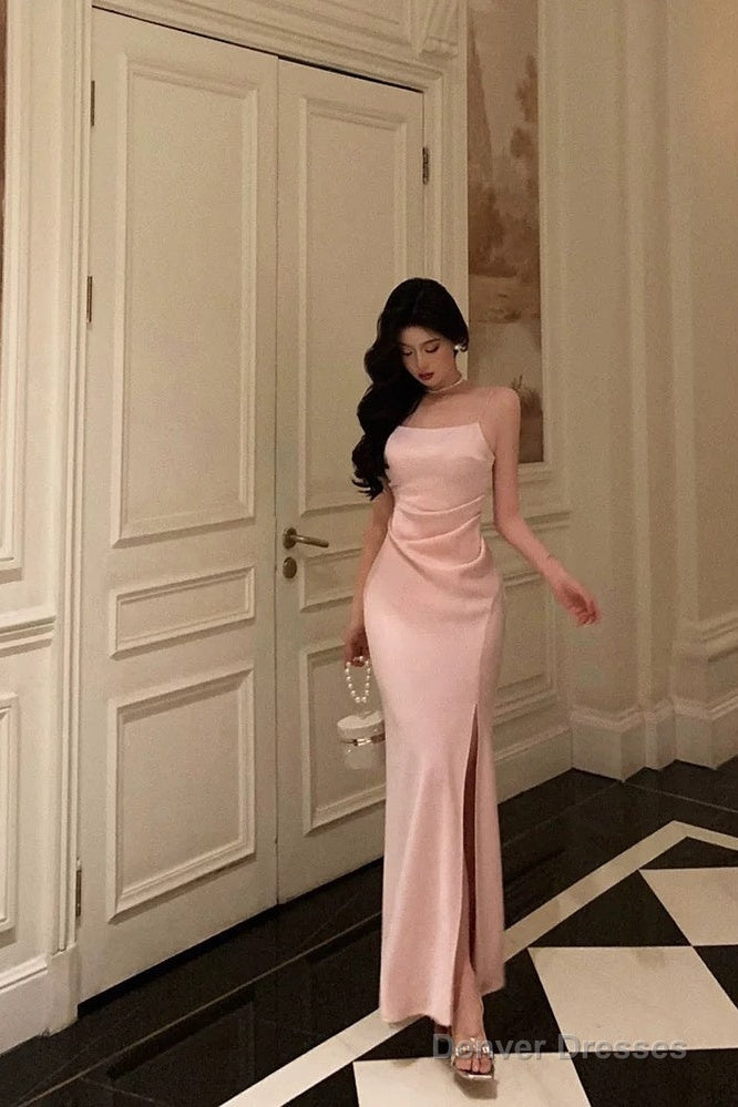 Gorgeous Sheath Spaghetti Straps Long Pink Slit Satin Date Night Dress Prom Dresses Birthday Outfit