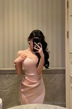 Gorgeous Sheath Spaghetti Straps Long Pink Slit Satin Date Night Dress Prom Dresses Birthday Outfit