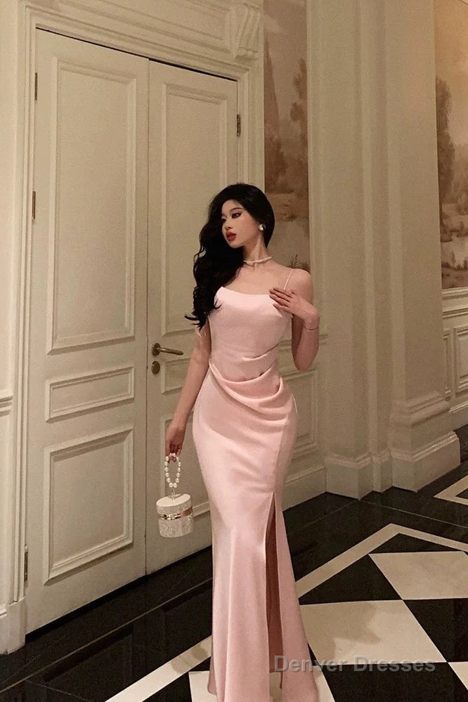 Gorgeous Sheath Spaghetti Straps Long Pink Slit Satin Date Night Dress Prom Dresses Birthday Outfit