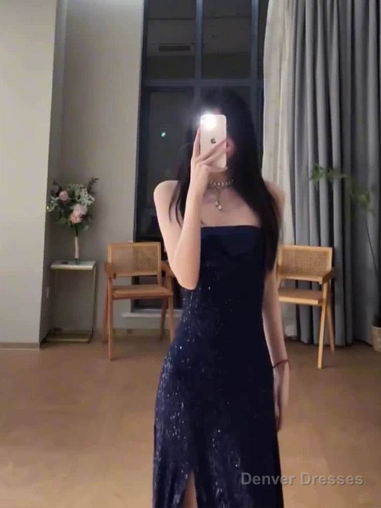 Gorgeous Sheath Spaghetti Straps Navy Blue Sequin Evening Dress Prom Dresses Birthday Outfits Secondary image