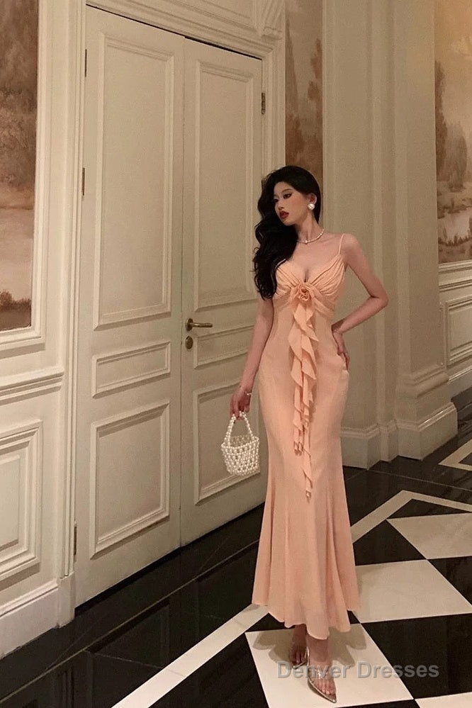 Gorgeous Sheath Spaghetti Straps Pink Chiffon Date Night Dress Prom Dresses Birthday Outfits Main image