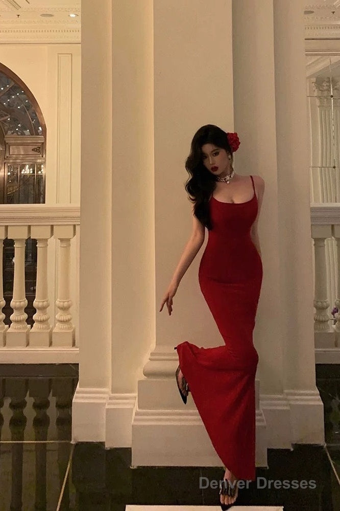 Gorgeous Sheath Spaghetti Straps Red Date Night Dress Prom Dresses Party Dress Birthday Outfits