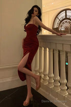 Gorgeous Sheath Spaghetti Straps Red Sleeveless Velvet Date Night Dress Prom Dresses Birthday Outfit