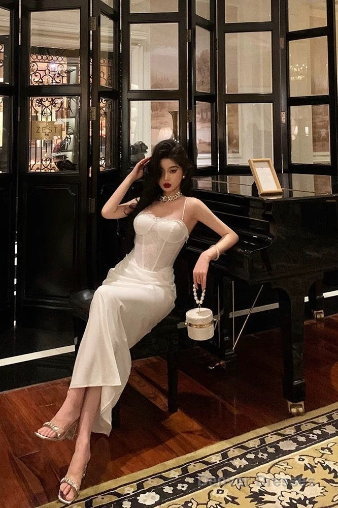 Gorgeous Sheath Spaghetti Straps White Satin Date Night Dress Long Prom Dresses Birthday Outfits Secondary image