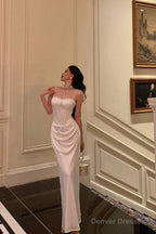 Gorgeous Sheath Spaghetti Straps White Satin Date Night Dress Long Prom Dresses Birthday Outfits