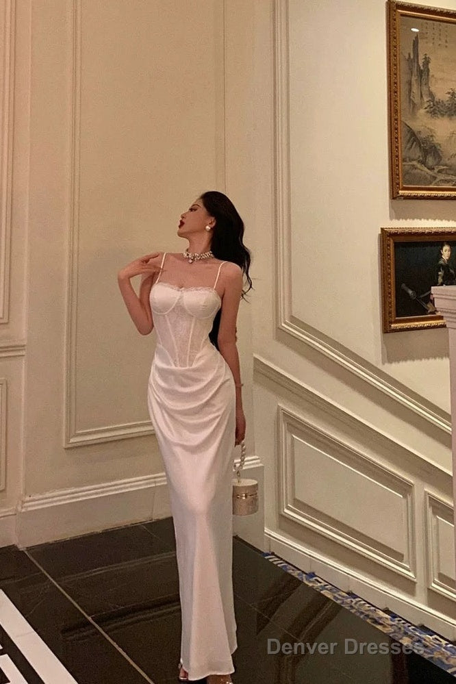 Gorgeous Sheath Spaghetti Straps White Satin Date Night Dress Long Prom Dresses Birthday Outfits