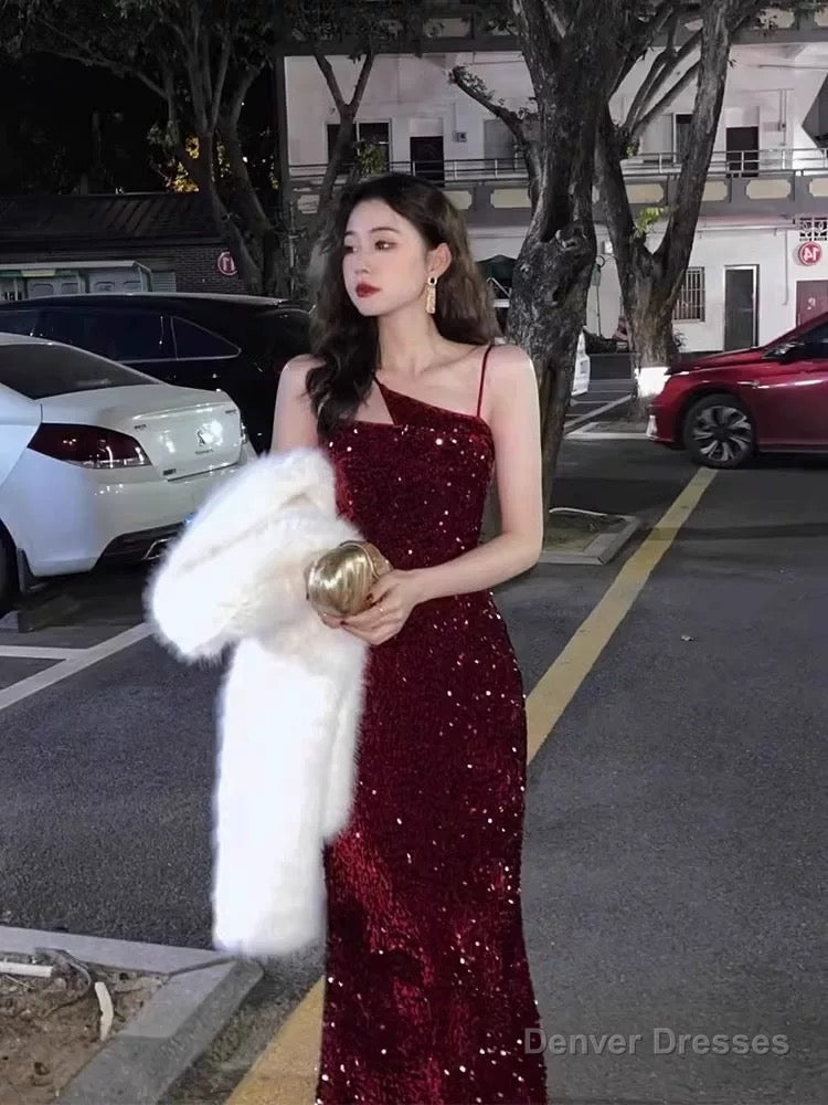 Gorgeous Sheath Spaghetti Straps Wine Red Sequin Evening Dress Prom Dresses Birthday Outfits Main image