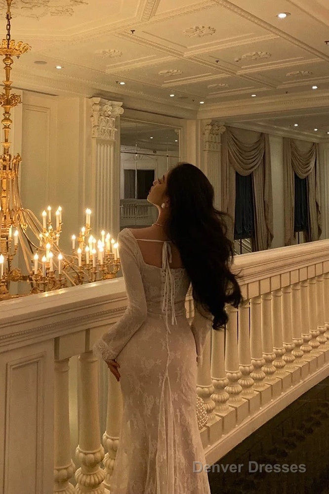 Gorgeous Sheath Square Neckline Long Sleeves Date Night Dress White Lace Prom Dresses Birthday Outfits Secondary image