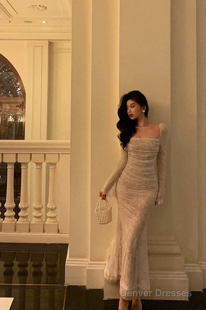 Gorgeous Sheath Square Neckline Long Sleeves Date Night Dress White Lace Prom Dresses Birthday Outfits