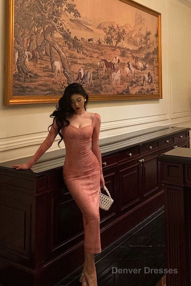 Gorgeous Sheath Square Neckline Long Sleeves Pink Lace Date Night Dress Long Prom Dresses Birthday Outfits