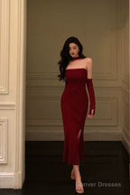 Gorgeous Sheath Strapless Burgundy Date Night Dress Tulle Prom Dresses With Gloves Party Dress Birthday Outfits