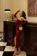 Gorgeous Sheath Strapless Burgundy Date Night Dress Tulle Prom Dresses With Gloves Party Dress Birthday Outfits