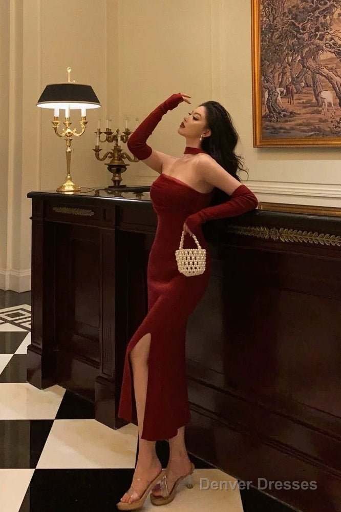 Gorgeous Sheath Strapless Burgundy Date Night Dress Tulle Prom Dresses With Gloves Party Dress Birthday Outfits